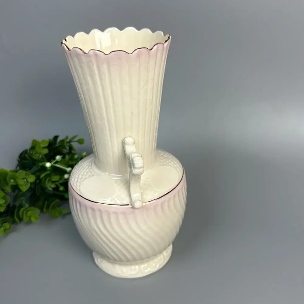 Vintage Belleek Porcelain Vase with Light Pink Glaze & Embossed Patterns 8